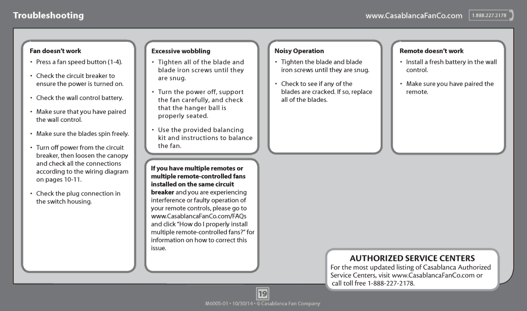 Casablanca Fan Company 55031, 55027 operation manual Troubleshooting, Fan doesn’t work Excessive wobbling Noisy Operation 