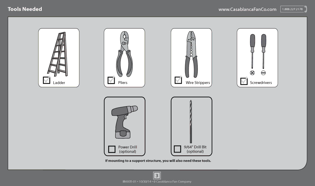 Casablanca Fan Company 55031, 55027 operation manual Tools Needed 