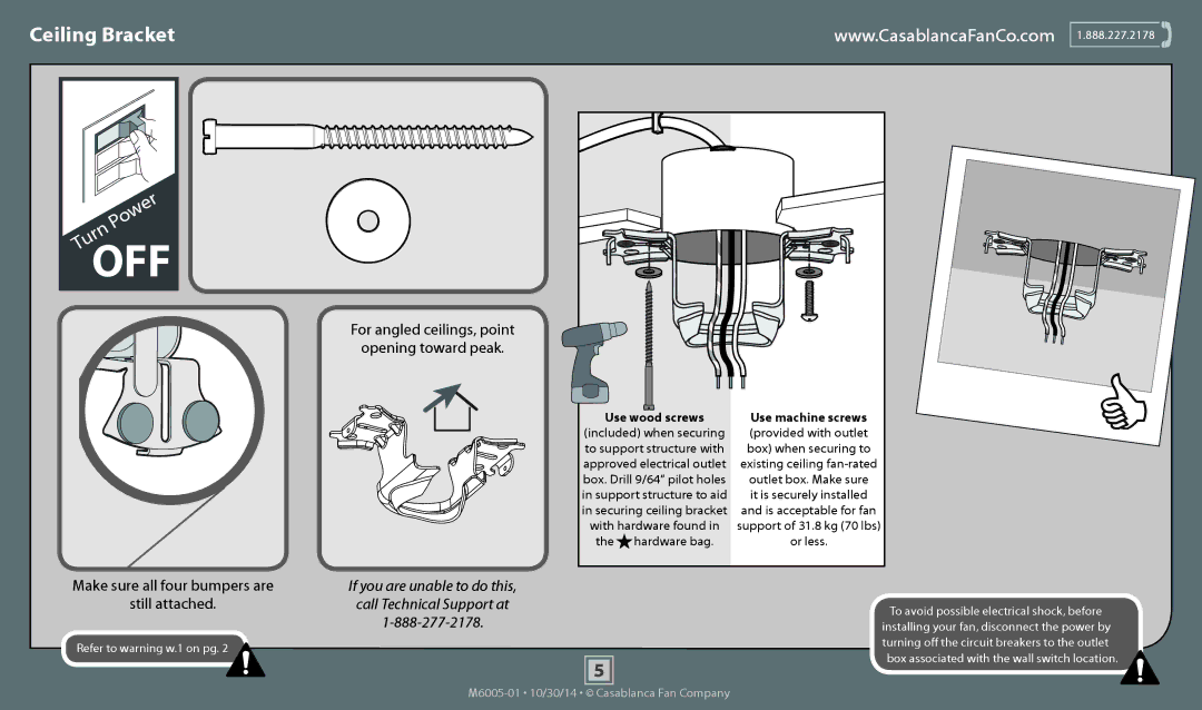 Casablanca Fan Company 55031, 55027 operation manual Ceiling Bracket, For angled ceilings, point Opening toward peak 