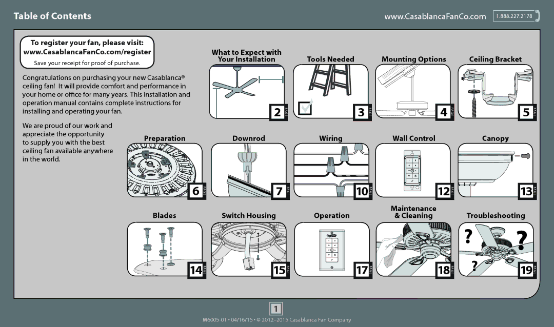 Casablanca Fan Company 55029, 55028, 55032, 55030 operation manual Table of Contents 