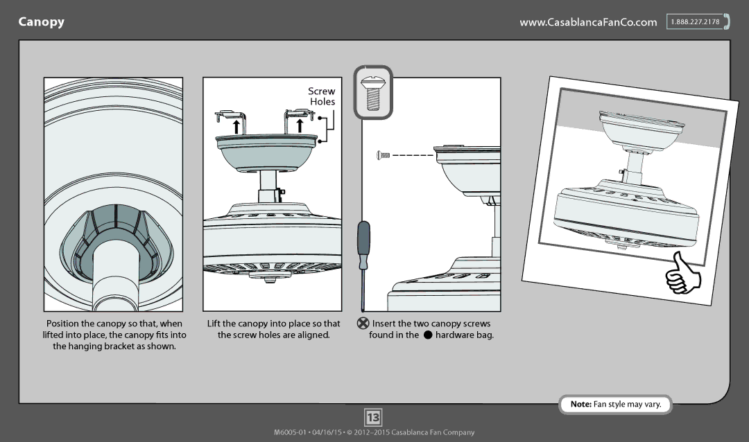 Casablanca Fan Company 55029, 55028, 55032, 55030 operation manual Canopy, Holes 