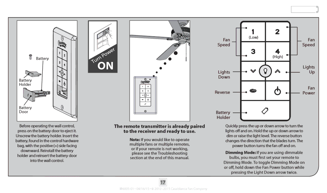 Casablanca Fan Company 55029, 55028, 55032, 55030 operation manual Operation, Battery Holder Door, Low High 