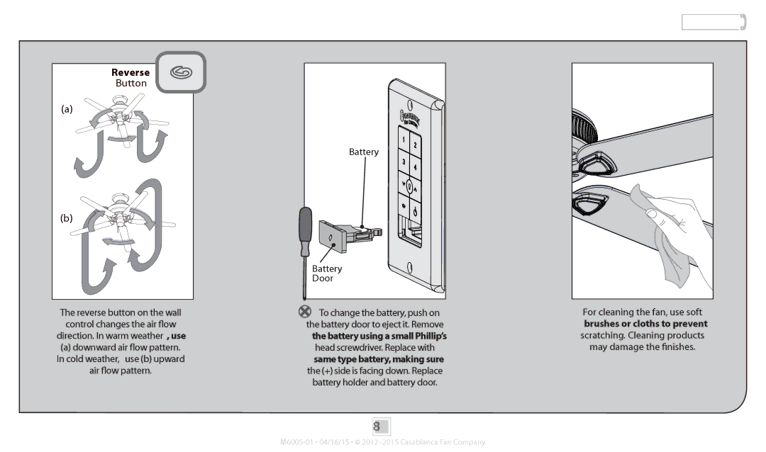 Casablanca Fan Company 55032, 55028, 55029, 55030 operation manual Maintenance & Cleaning, Battery Door 