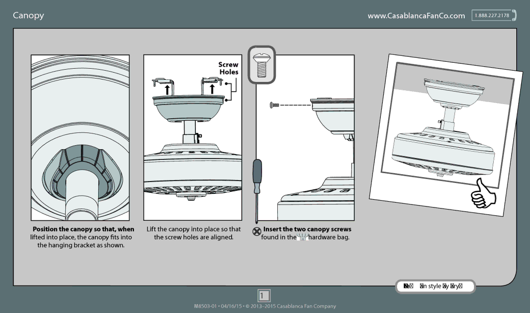 Casablanca Fan Company 55035, 55036 operation manual Canopy, Holes 