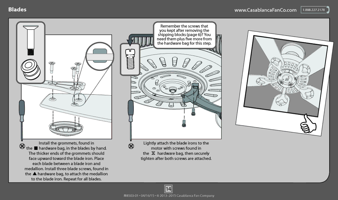 Casablanca Fan Company 55036, 55035 operation manual Motor with screws found, Each blade between a blade iron 