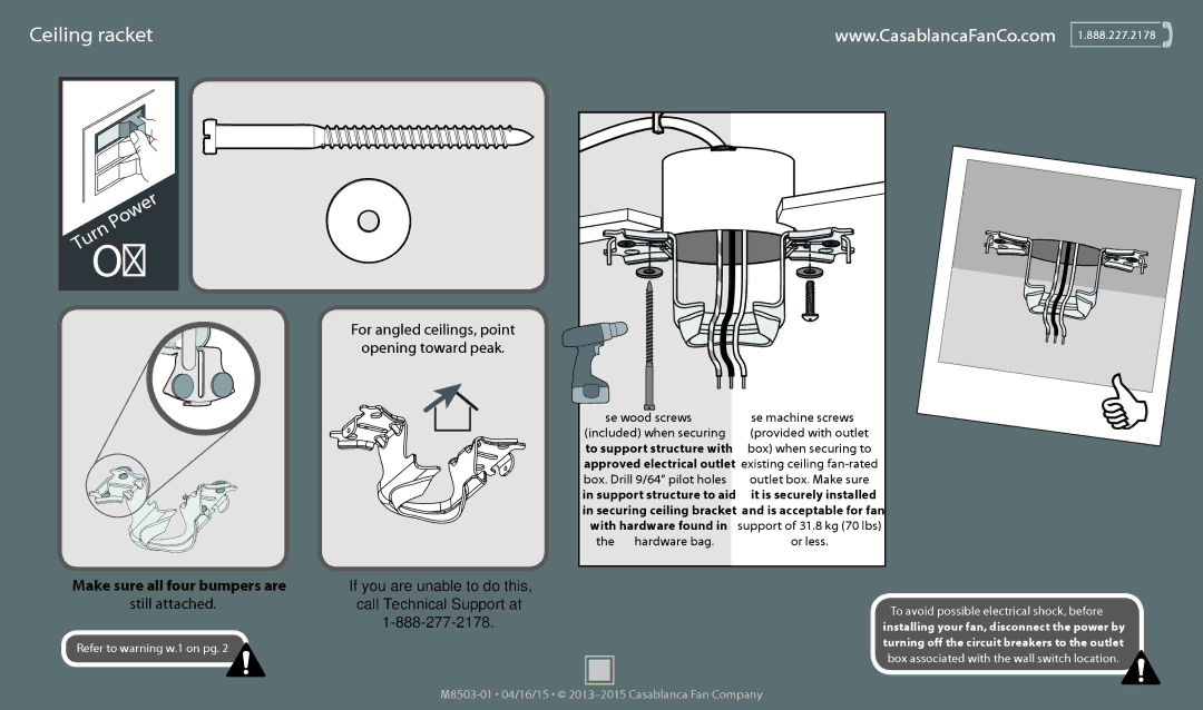 Casablanca Fan Company 55035, 55036 operation manual Ceiling Bracket, For angled ceilings, point Opening toward peak 