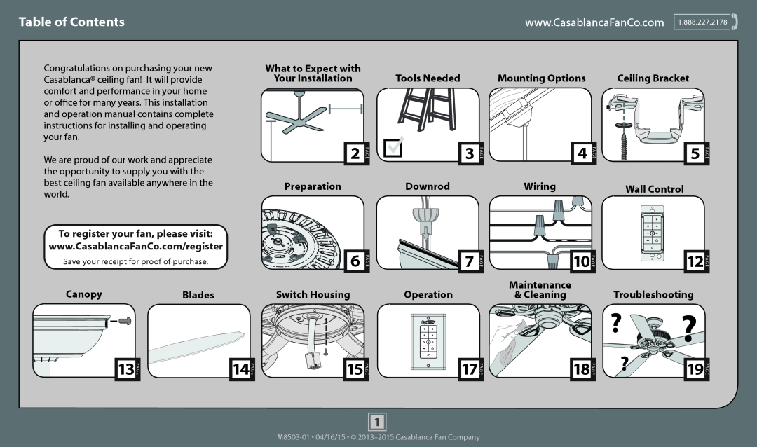 Casablanca Fan Company 55035, 55036 operation manual Table of Contents 