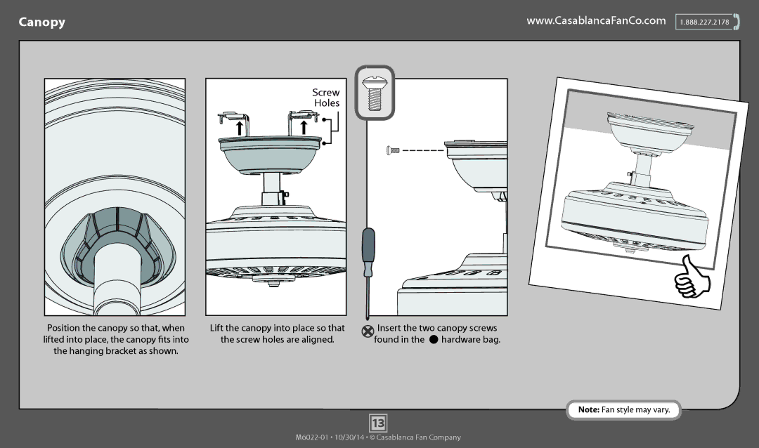 Casablanca Fan Company 55051 operation manual Canopy, Holes 