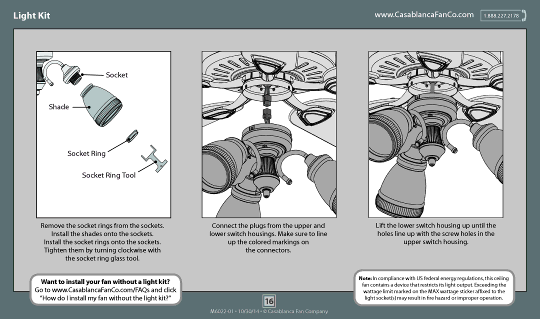 Casablanca Fan Company 55051 operation manual Light Kit, Socket Shade Socket Ring Socket Ring Tool 