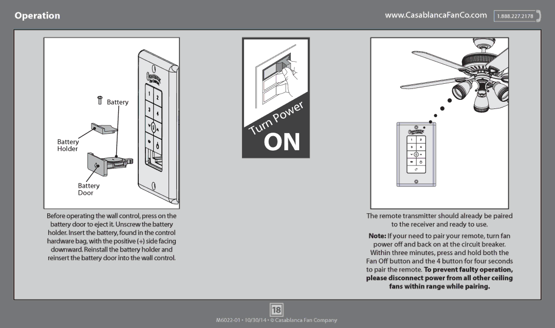 Casablanca Fan Company 55051 operation manual Operation, Battery Holder Door 