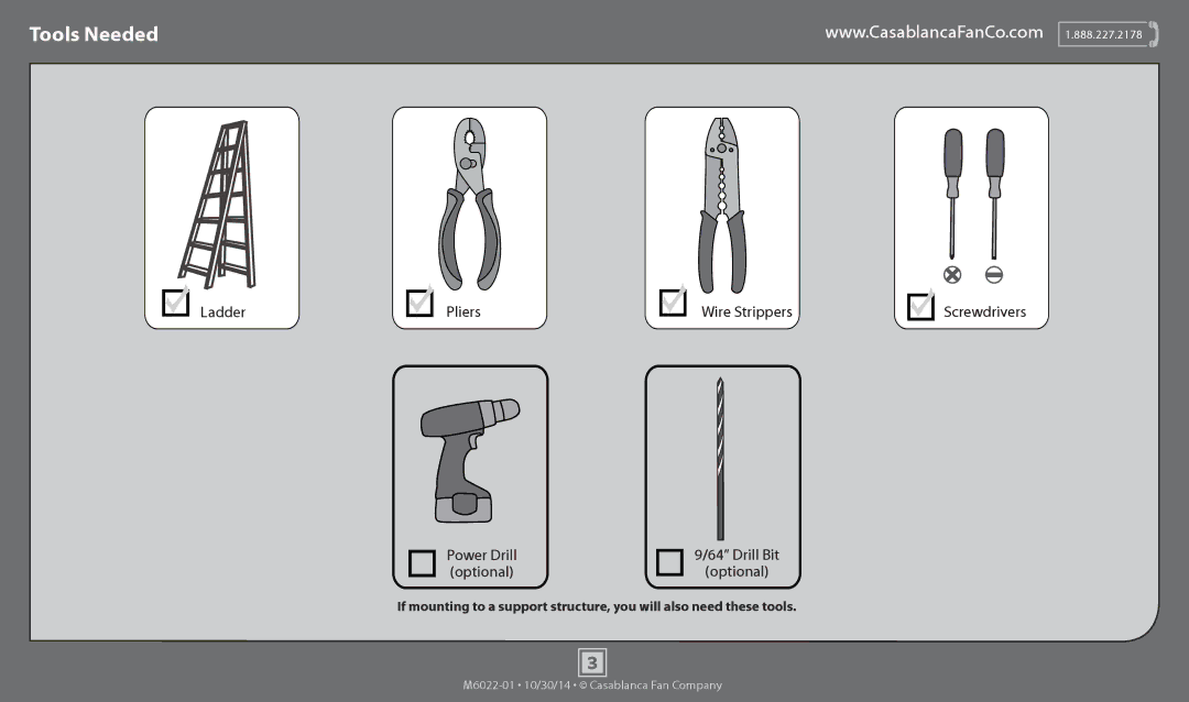 Casablanca Fan Company 55051 operation manual Tools Needed 