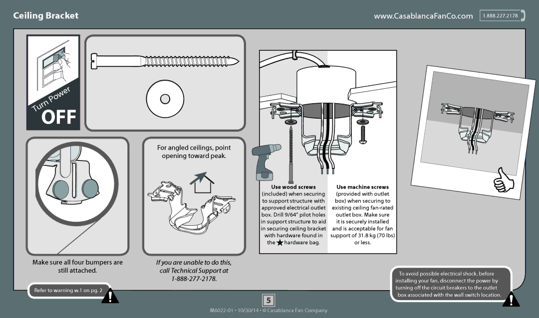 Casablanca Fan Company 55051 operation manual Ceiling Bracket, For angled ceilings, point Opening toward peak 