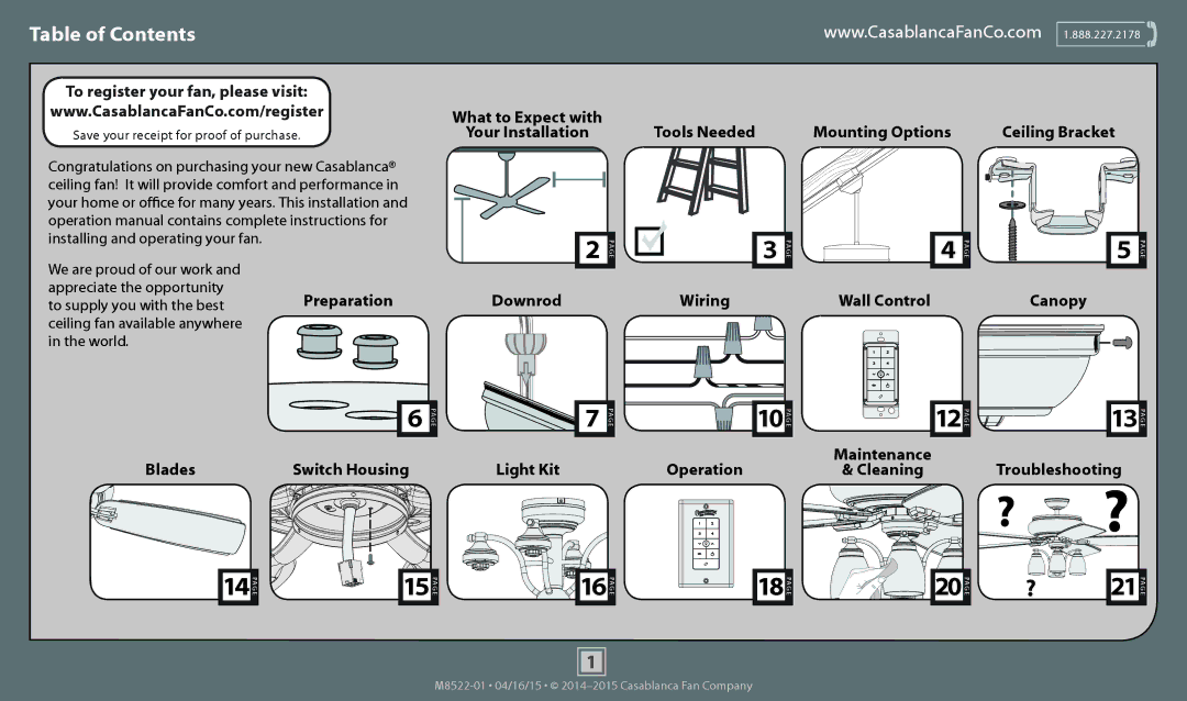 Casablanca Fan Company 55052 operation manual Table of Contents 