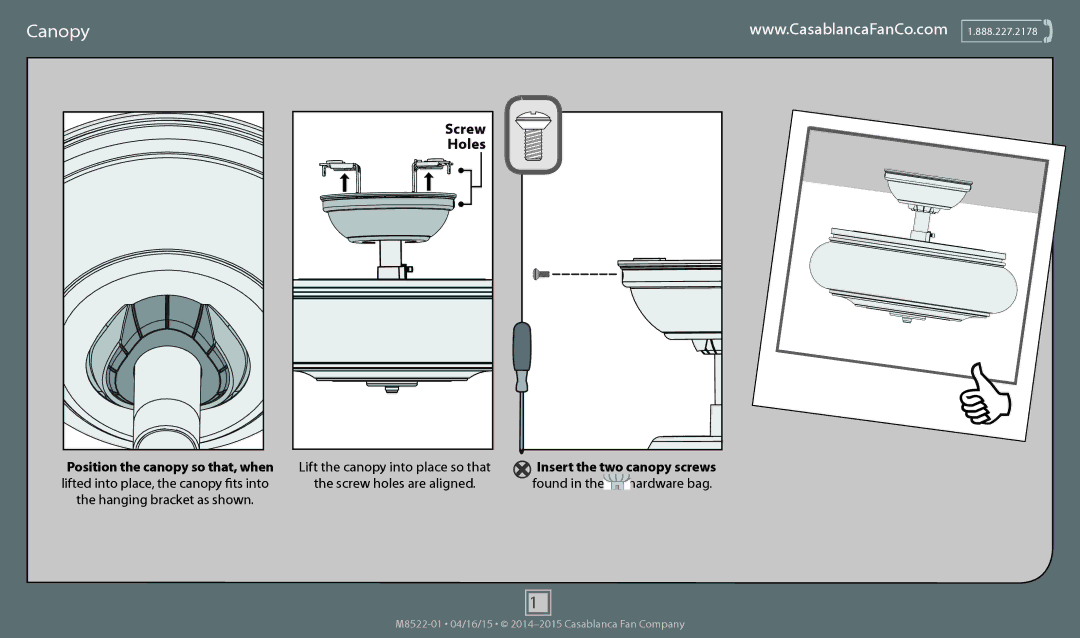 Casablanca Fan Company 55052 operation manual Canopy, Holes 