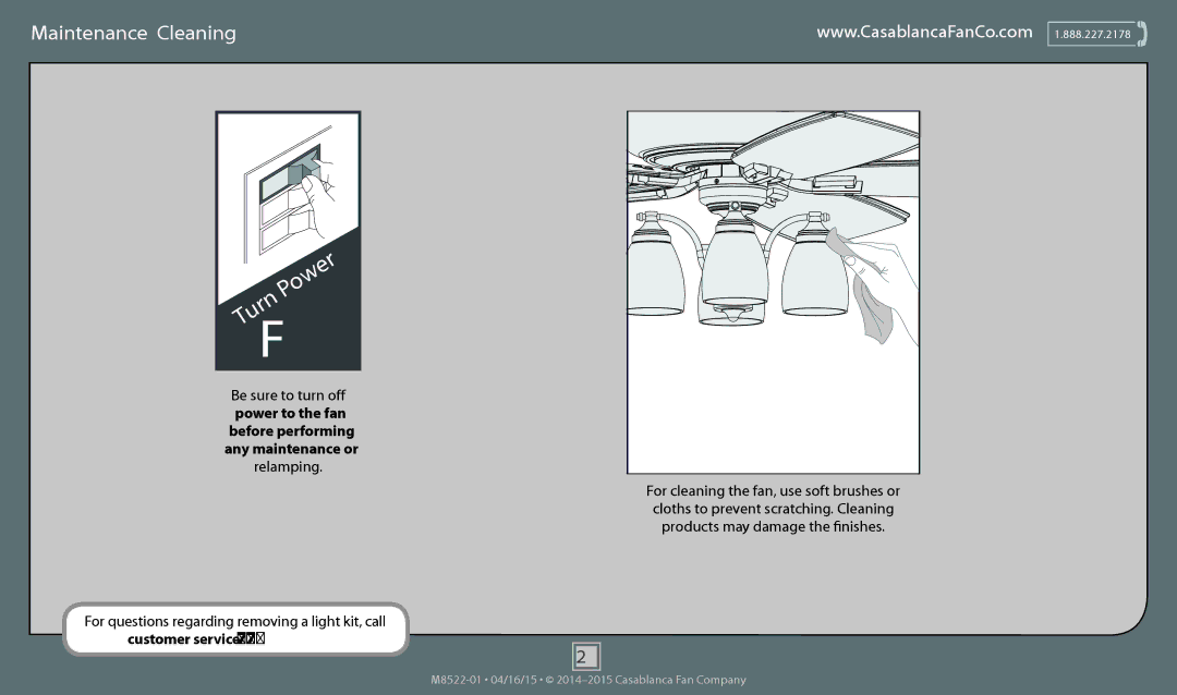 Casablanca Fan Company 55052 operation manual Off, Maintenance & Cleaning 