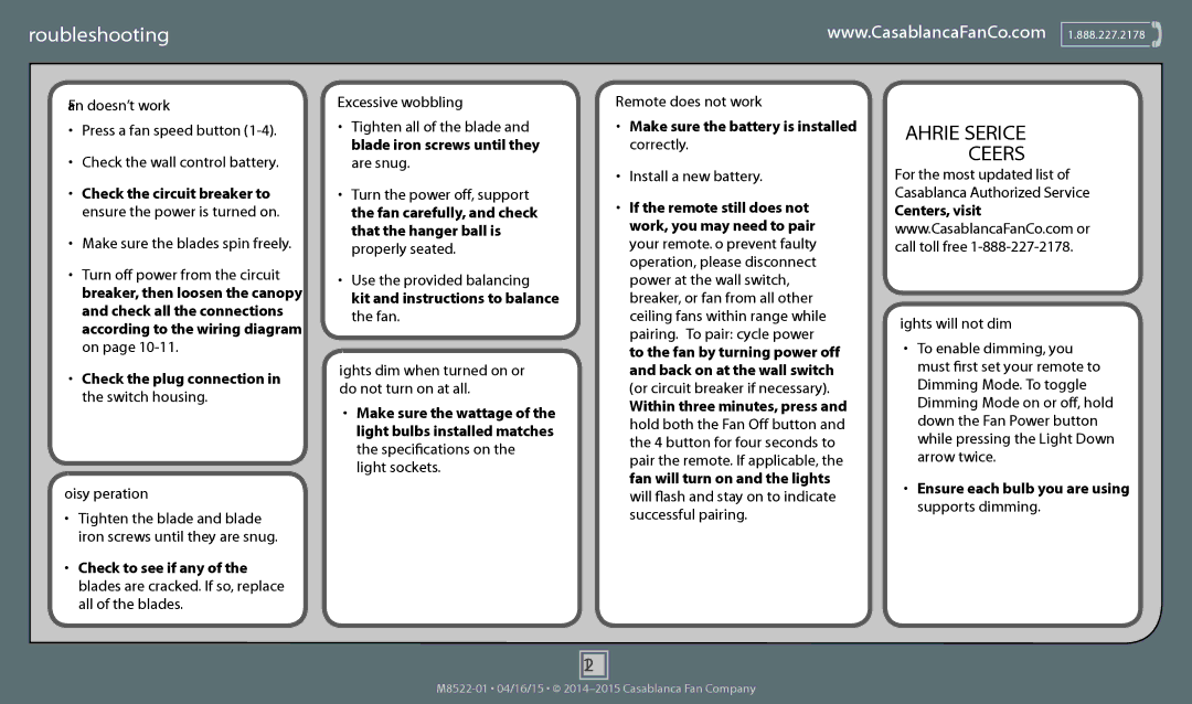 Casablanca Fan Company 55052 operation manual Troubleshooting, Fan doesn’t work 