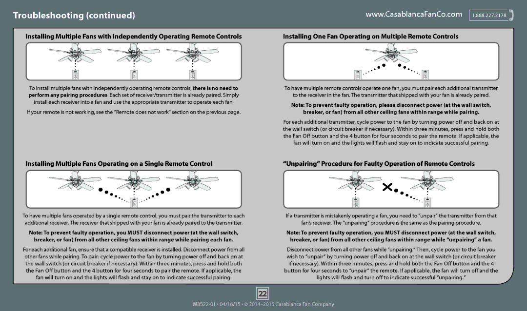 Casablanca Fan Company 55052 operation manual Unpairing Procedure for Faulty Operation of Remote Controls 