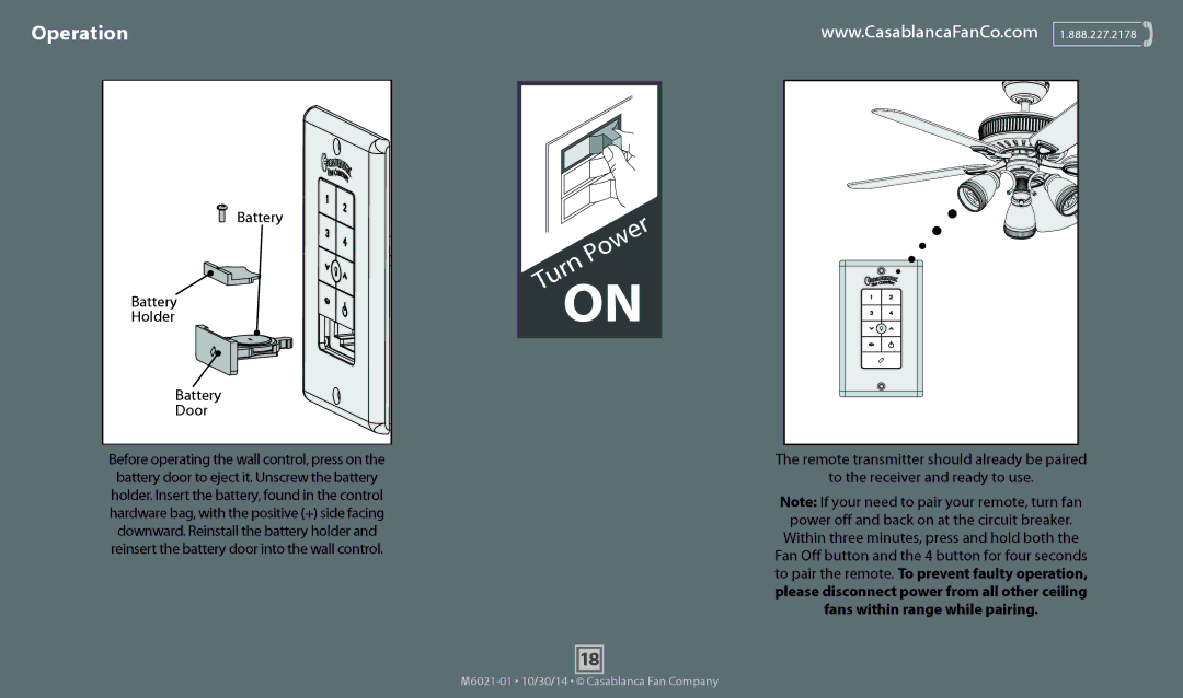 Casablanca Fan Company 55059, 55060 operation manual Operation, Battery Holder Door 