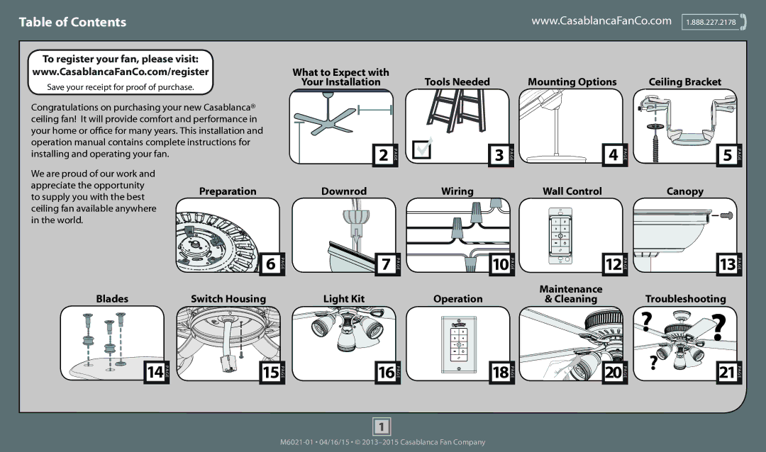 Casablanca Fan Company 55058, 55061 operation manual Table of Contents 