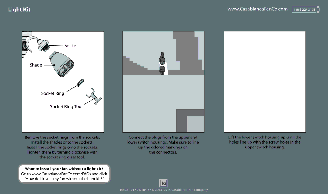 Casablanca Fan Company 55061, 55058 operation manual Light Kit, Socket Shade Socket Ring Socket Ring Tool 