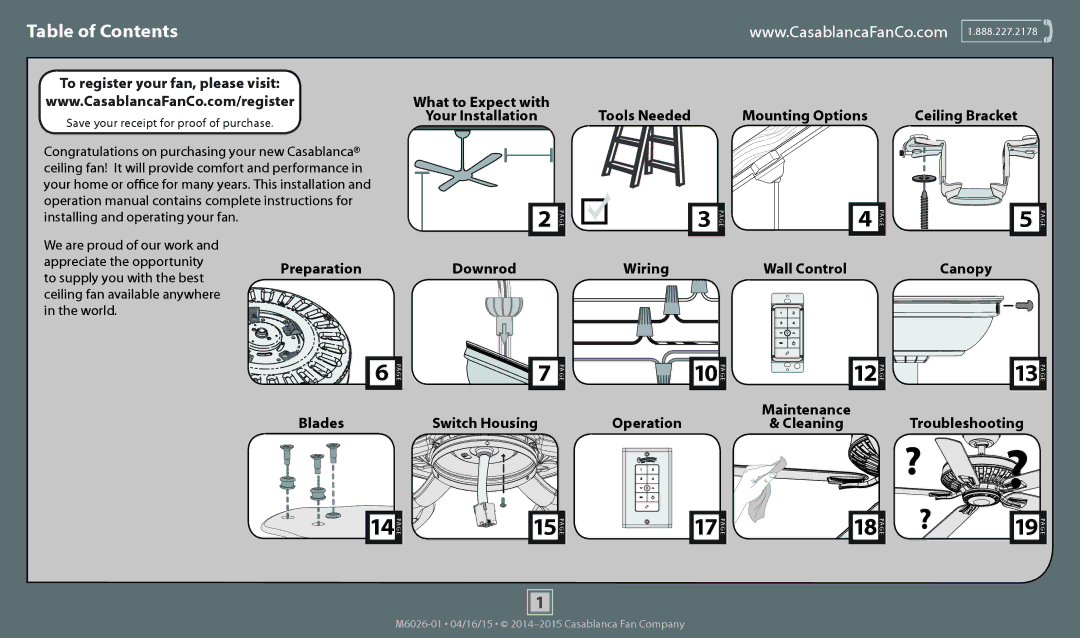 Casablanca Fan Company 55064, 55065, 55063 operation manual Table of Contents 