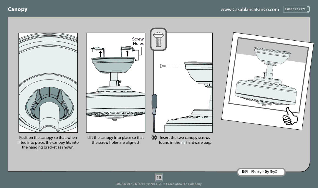 Casablanca Fan Company 55064, 55065, 55063 operation manual Canopy, Holes 