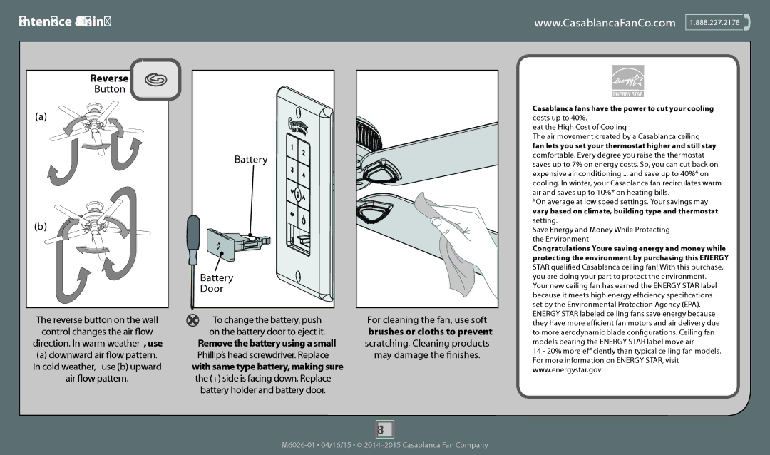 Casablanca Fan Company 55065, 55064 Maintenance & Cleaning, Button, Door, Downward air flow pattern, Air flow pattern 