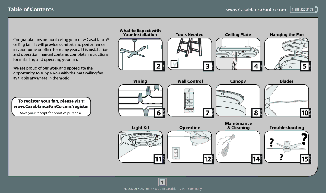 Casablanca Fan Company 59023, 59021, 59020 operation manual Table of Contents 