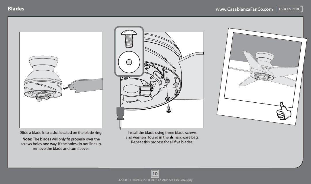 Casablanca Fan Company 59023, 59021, 59020 Blades, Washers, found in the hardware bag, Remove the blade and turn it over 