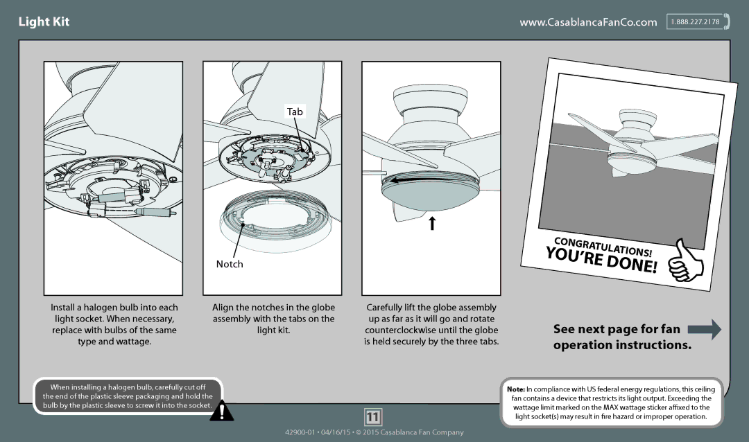 Casablanca Fan Company 59020, 59021, 59023 operation manual Light Kit, Notch 