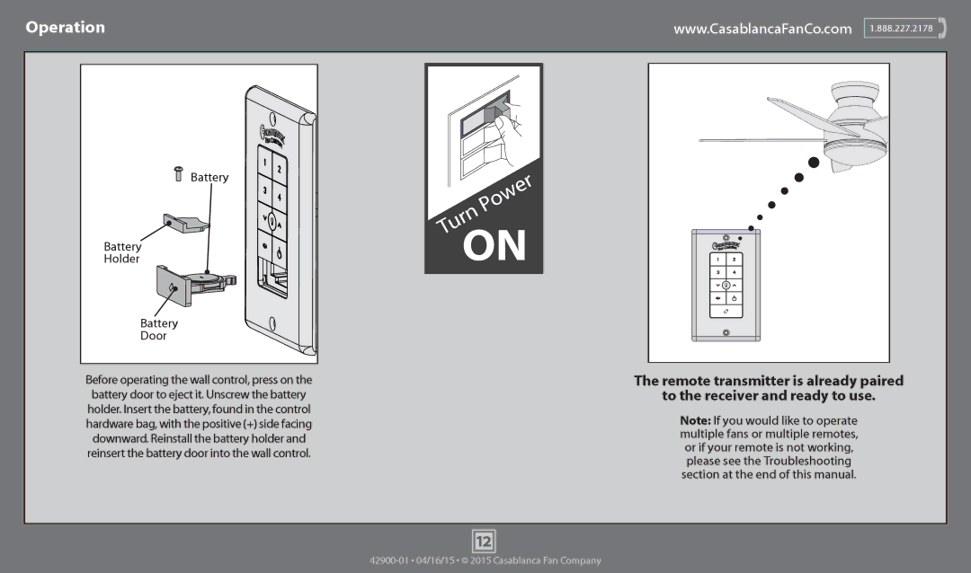 Casablanca Fan Company 59021, 59023, 59020 operation manual Operation, Battery Holder Door 