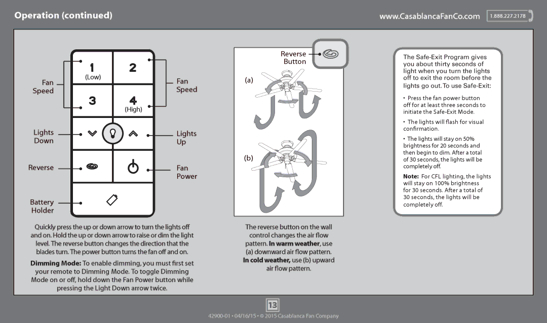 Casablanca Fan Company 59023, 59021, 59020 operation manual Fan, Speed, Lights Down, Battery Holder, Reverse Button 
