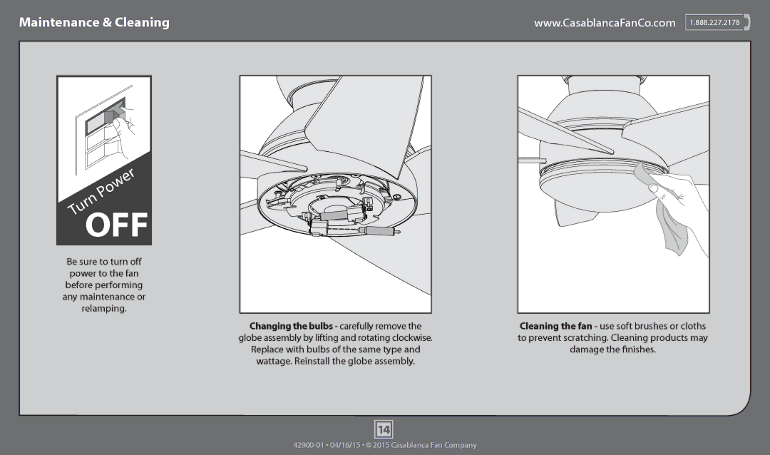 Casablanca Fan Company 59020, 59021, 59023 Maintenance & Cleaning, To prevent scratching. Cleaning products may 