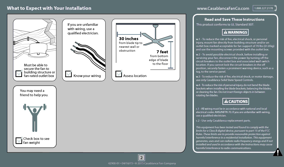 Casablanca Fan Company 59020, 59021 What to Expect with Your Installation, Assess location, Check box to see fan weight 