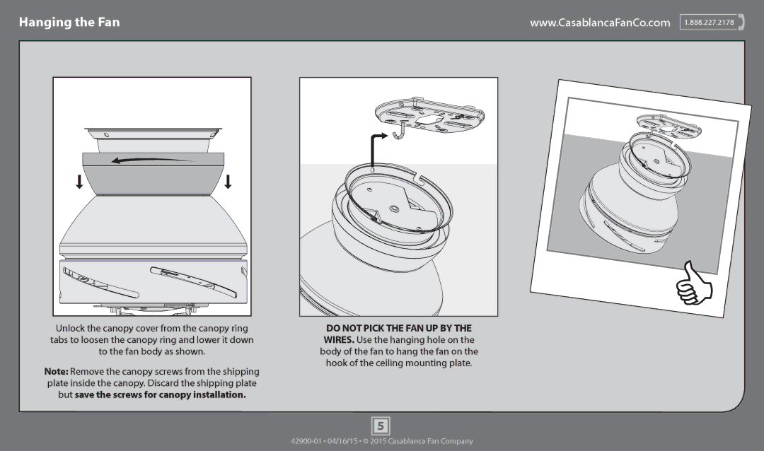 Casablanca Fan Company 59020, 59021, 59023 operation manual Hanging the Fan, Unlock the canopy cover from the canopy ring 