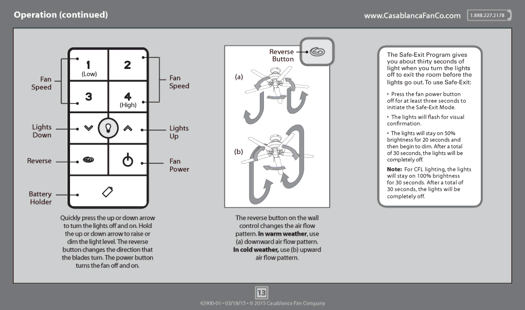Casablanca Fan Company 59018, 59022, 59019 operation manual Fan, Speed, Lights Down, Battery Holder, Reverse Button 