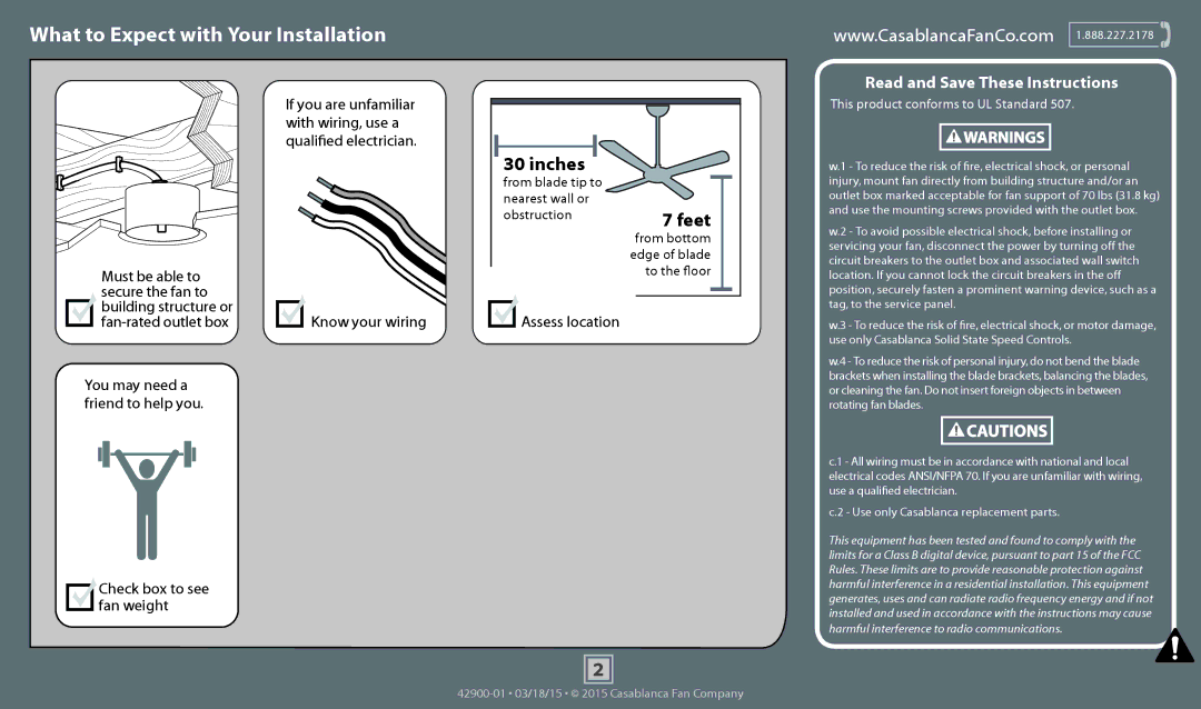 Casablanca Fan Company 59019, 59022 What to Expect with Your Installation, Assess location, Check box to see fan weight 