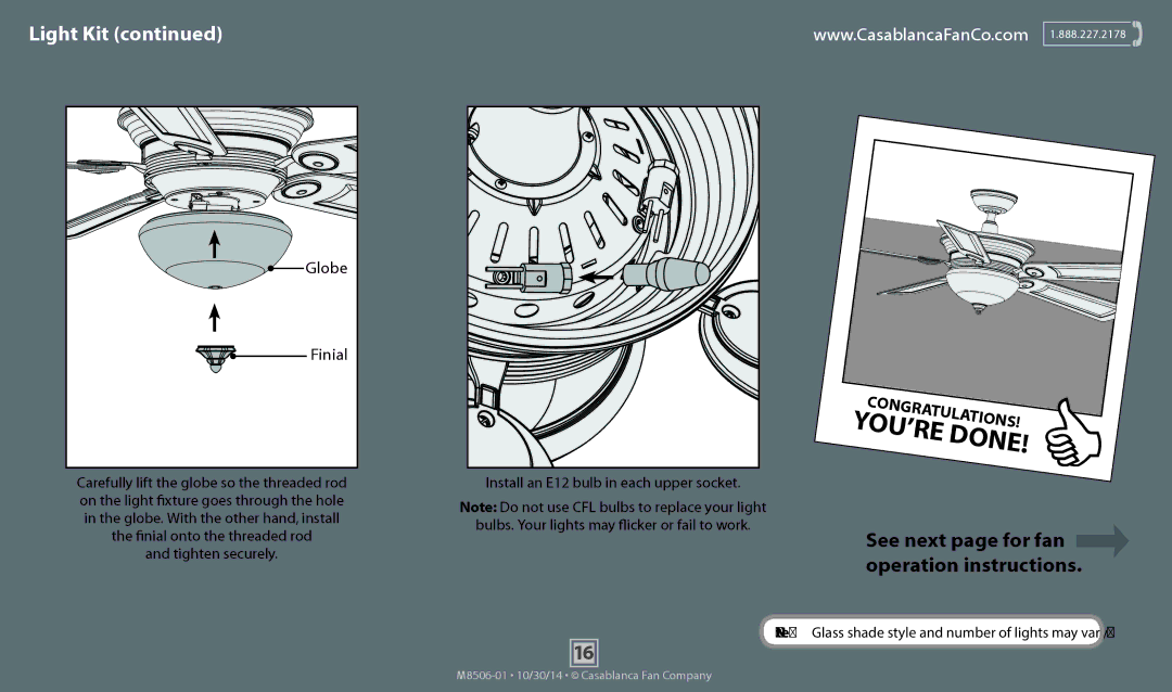 Casablanca Fan Company 59057 operation manual See next page for fan operation instructions 