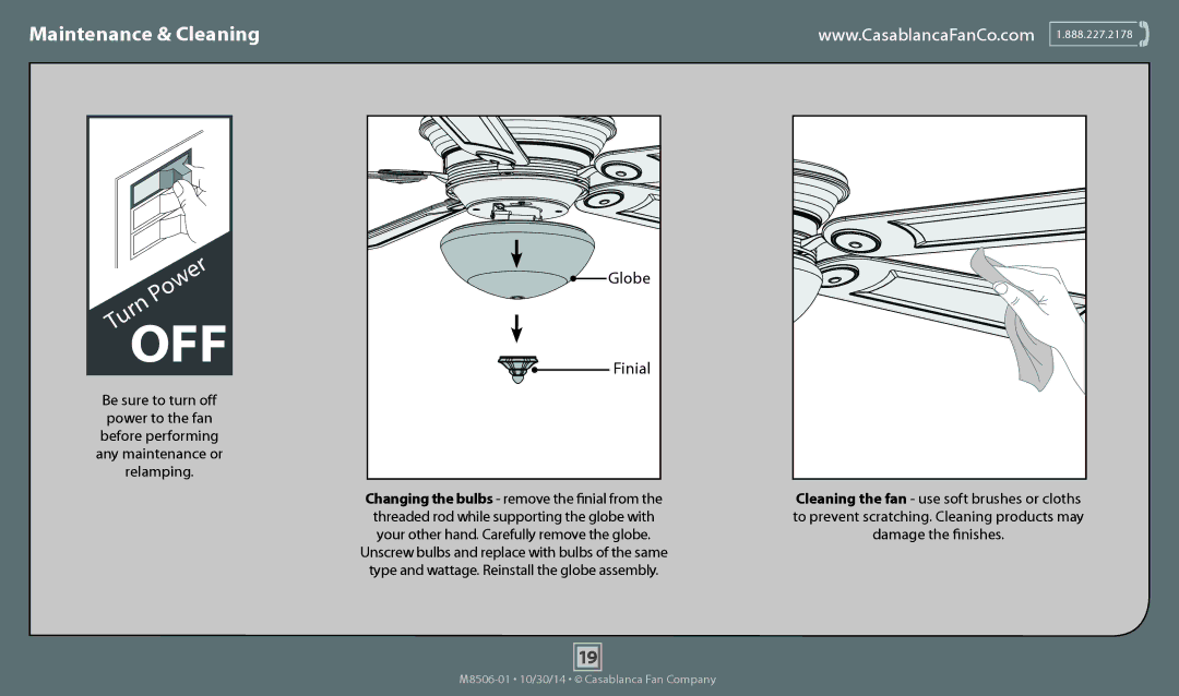 Casablanca Fan Company 59057 operation manual Off, Maintenance & Cleaning 