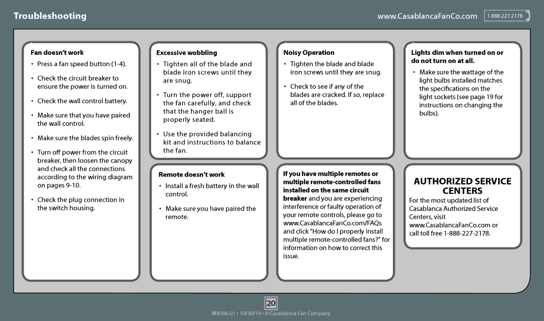 Casablanca Fan Company 59057 operation manual Troubleshooting, Fan doesn’t work 