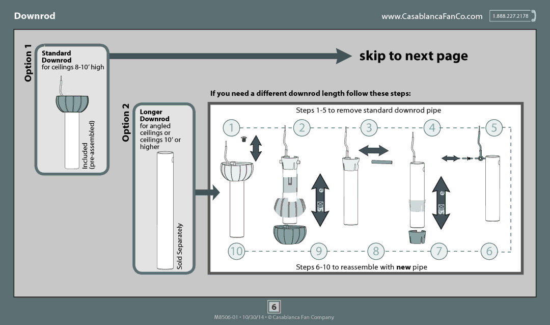 Casablanca Fan Company 59057 operation manual Downrod, For angled, Ceilings or, Higher, Sold Separately 