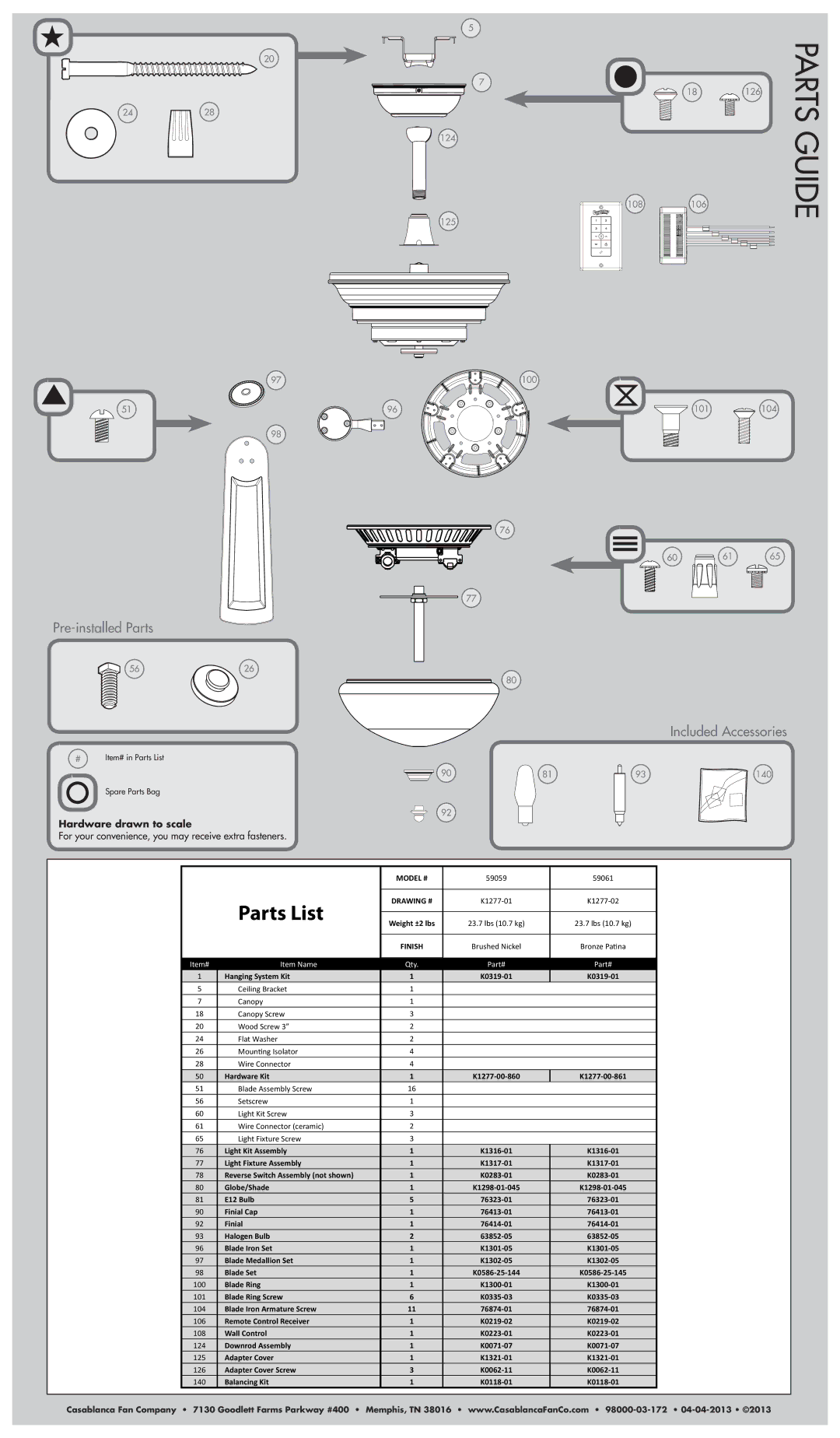 Casablanca Fan Company 59061, 59059 warranty Parts Guide, Parts List, Pre-installed Parts, Included Accessories 