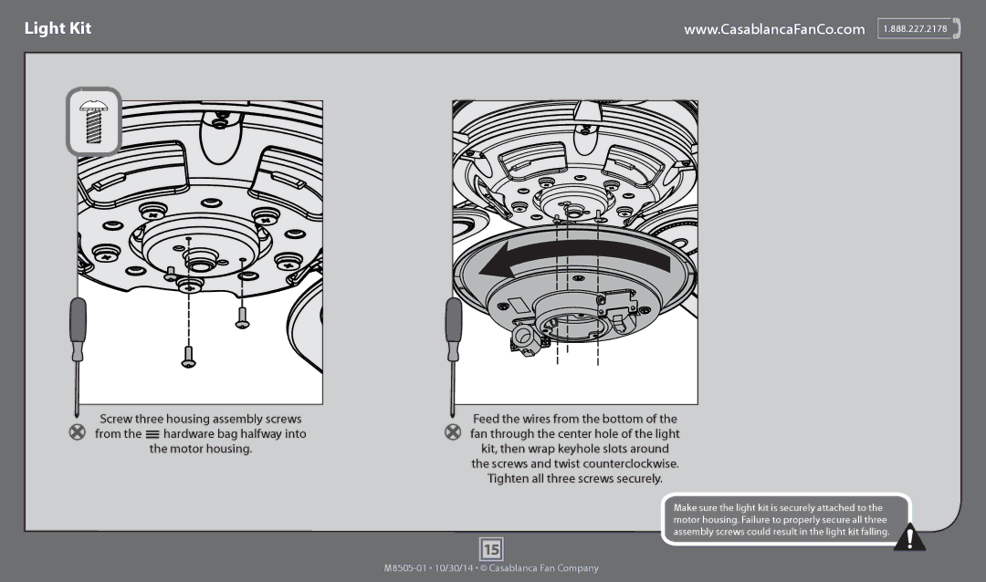 Casablanca Fan Company 59060, 59062 operation manual Light Kit, Feed the wires from the bottom 