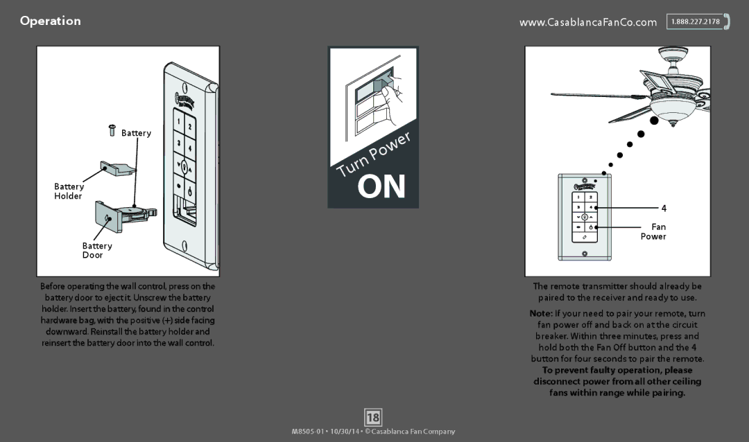 Casablanca Fan Company 59062, 59060 operation manual Operation, Battery Holder Door 