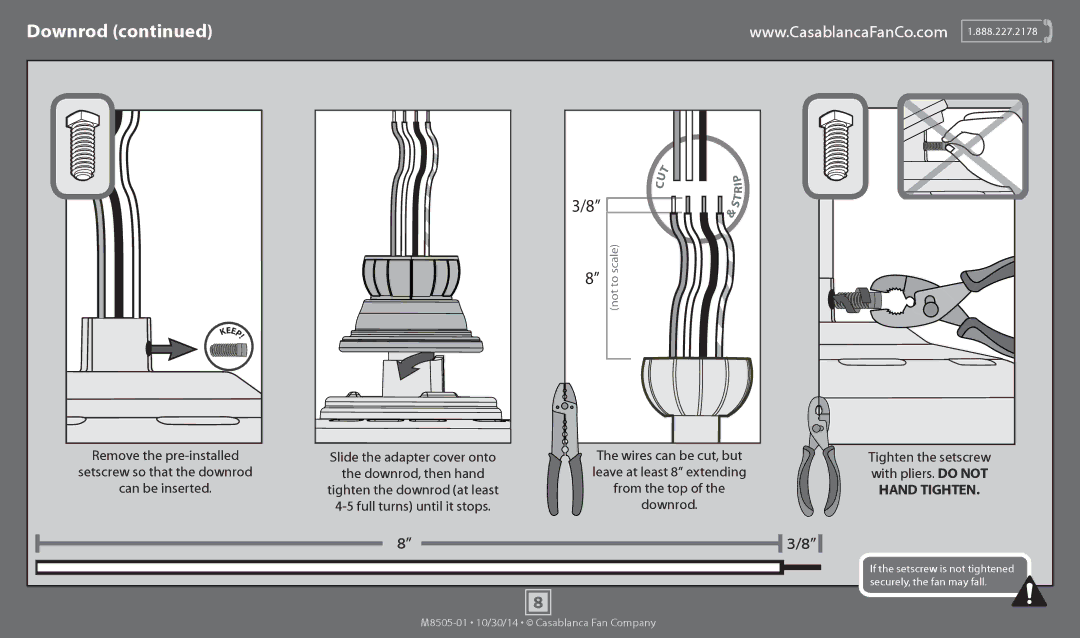 Casablanca Fan Company 59062, 59060 operation manual Tighten the setscrew, Leave at least 8 extending, From the top, Downrod 