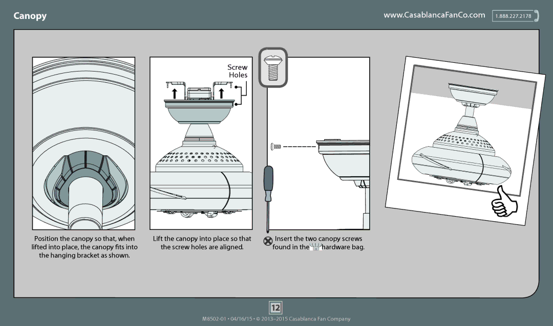 Casablanca Fan Company 59064 operation manual Canopy, Holes 