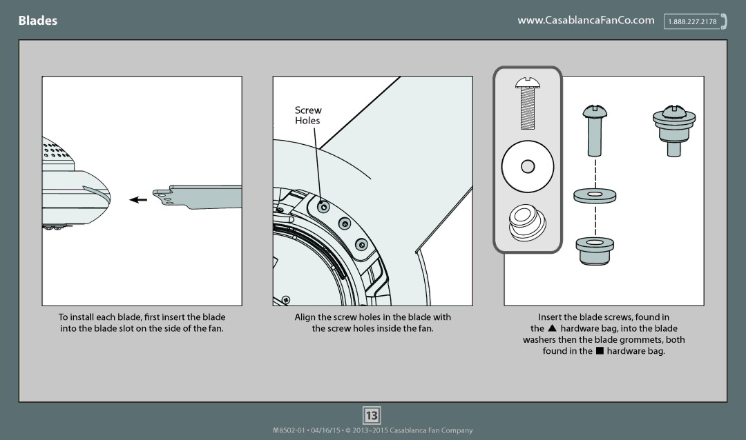 Casablanca Fan Company 59064 operation manual Blades, Hardware bag, into the blade 