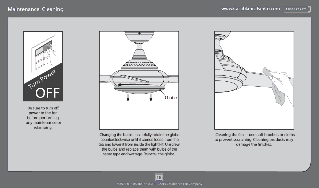 Casablanca Fan Company 59064 operation manual Maintenance & Cleaning, To prevent scratching. Cleaning products may 