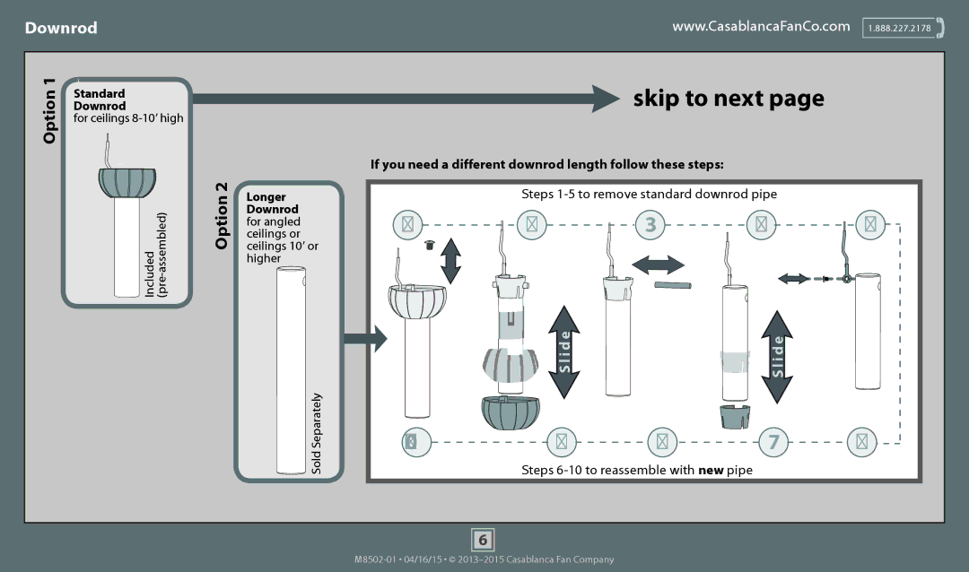 Casablanca Fan Company 59064 operation manual Downrod, For angled, Ceilings or, Higher, Sold Separately 