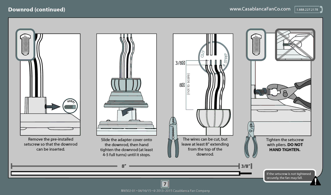 Casablanca Fan Company 59064 operation manual Tighten the setscrew, Leave at least 8 extending, From the top, Downrod 